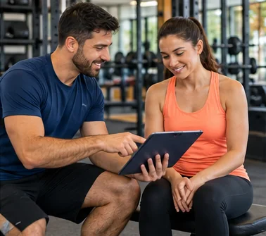 Profissional conversando sobre avaliação e treino