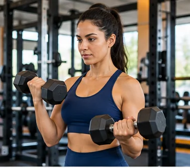 Mulher treinando com halteres na academia